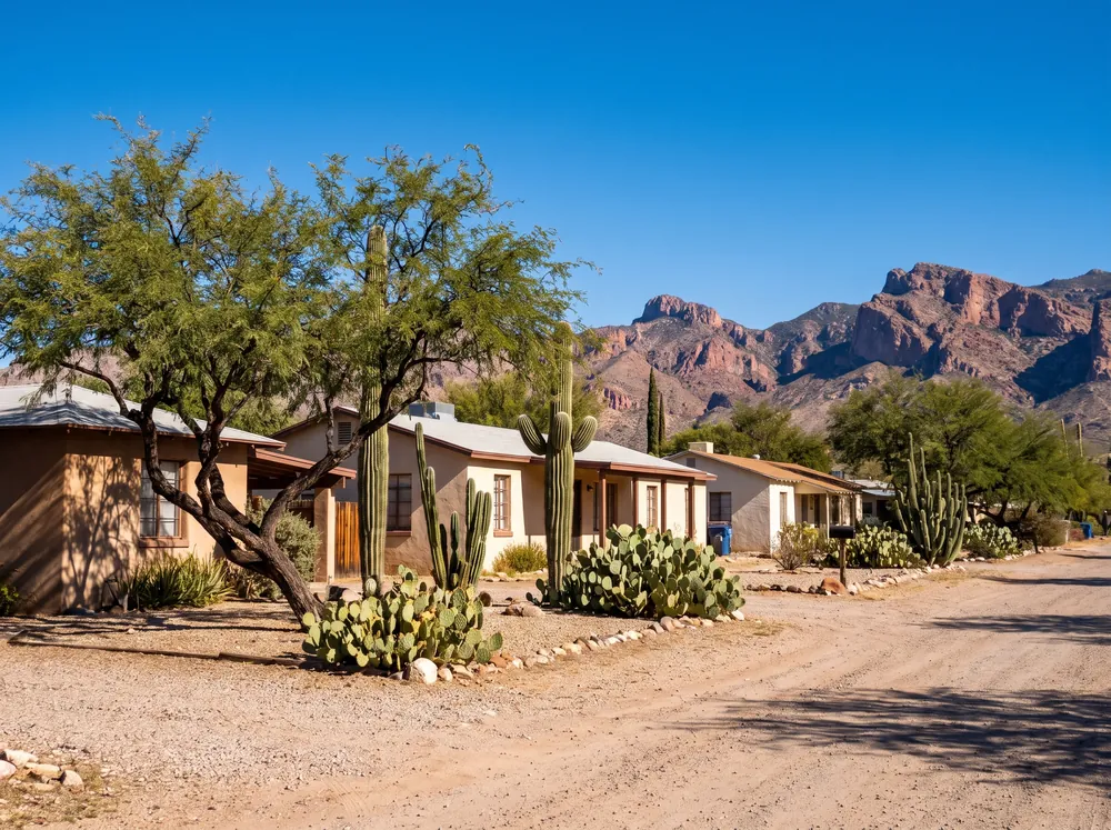 Tucson neighborhood with saguaro and prickly pear in gravel yards and mountains behind